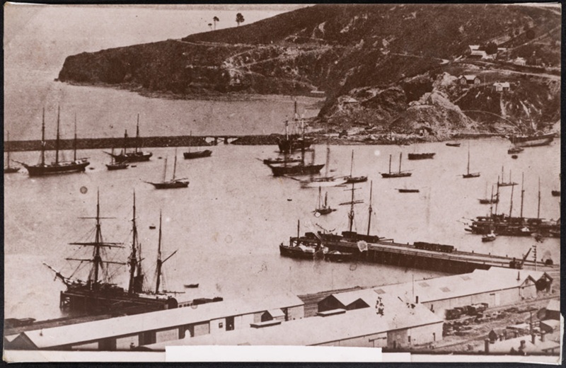 View of unidentified sailing ships in Lyttelton Port in the early 1870s ...