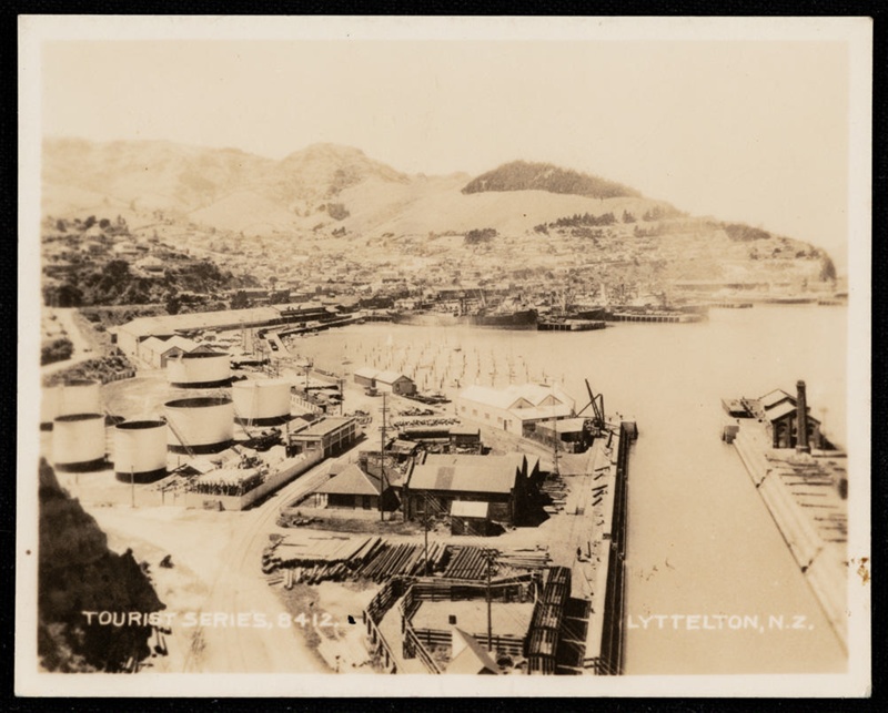 View of Lyttelton Port, oil wharf and dry dock in foreground.; Unknown ...