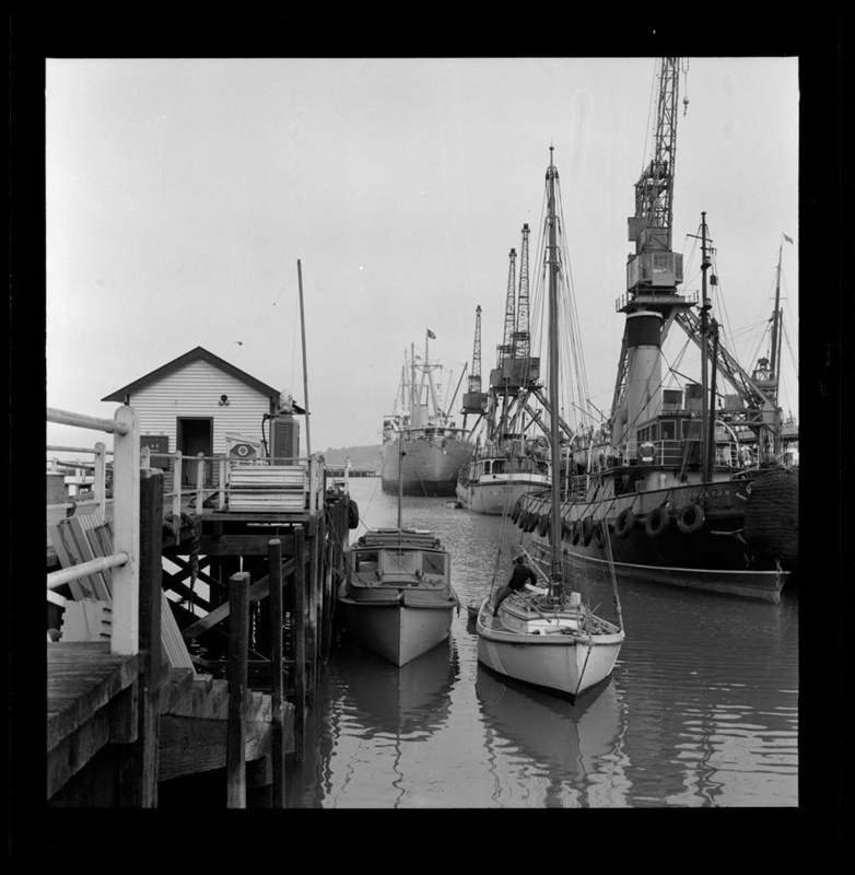 The corner of the Diamond Harbour jetty from the wharf. Five vessels ...