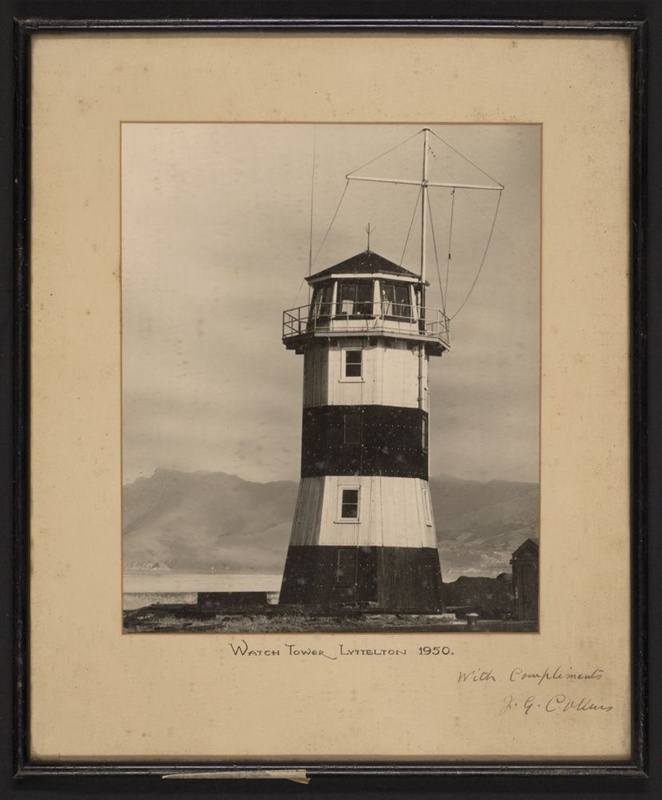 The watch tower at Lyttelton Port, 1950. Glazed, wooden frame.; Unknown ...