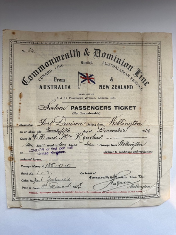 Mr and Mrs Renshaw's passenger ticket to London