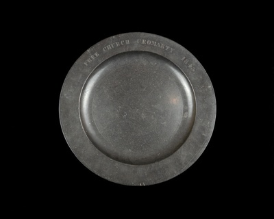 large pewter communion plate engraved 'Free Church Cromarty 1843'; CRMCH.2023.23.21