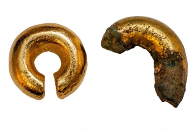 Bronze Age gold tress ring (or "tress money"). Made from copper alloy covered in gold foil. Half the ring is missing found by metal detectorist in the Cromarty area.; CRMCH.2018.01