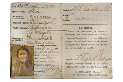 WWI Civilian pass with photograph dated 1917: Elizabeth Finlayson; CRMCH.2023.03