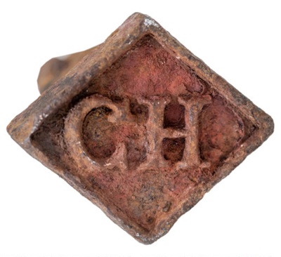 Square end salmon box branding iron marked 'CH'; CRMCH.2009.005; CRMCH 2009.05