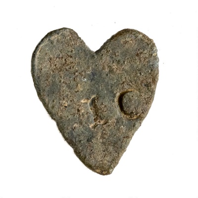 Lead token, heart-shaped marked 'PA' and 'IC'; CRMCH 1991.06