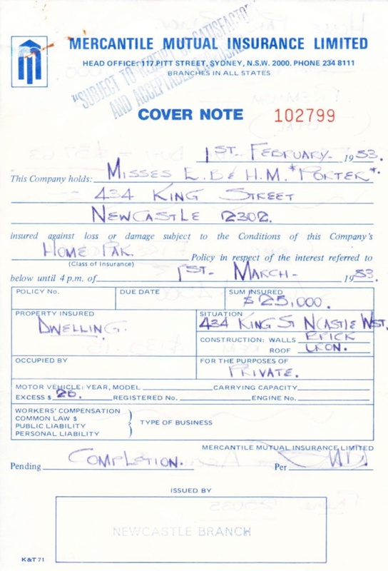 Personal Papers Insurance Cover Note From Mercantile Mutual Insurance 