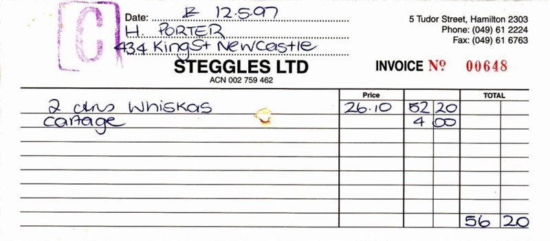 Personal Papers - Steggles bill & receipt 1997; PH 1090 | eHive