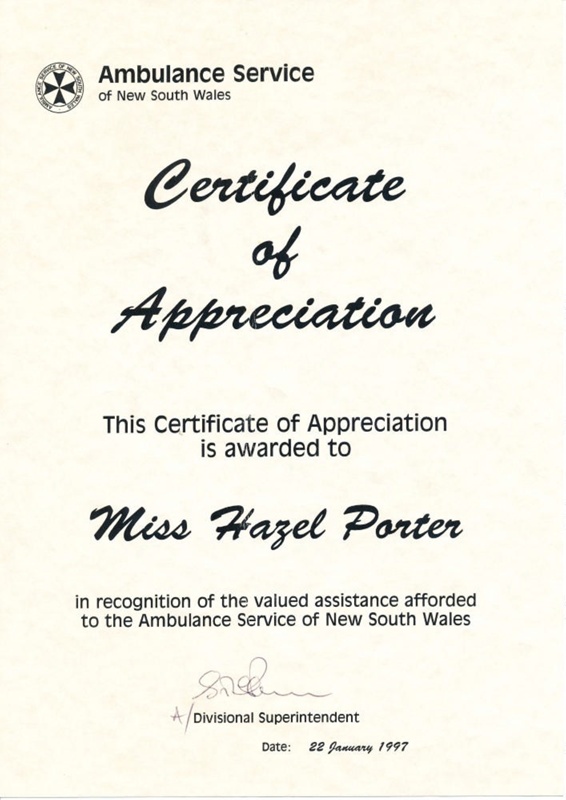 Ephemera - Certificate of Appreciation to Hazel Porter from NSW ...