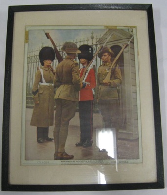 Coloured photographic print of Australian Mounted Guards, outside Buckingham Palace during Coronation festivals 10 May 1937.; Chas. Steel & Co. Pty Ltd; c 1938; OWM2015/94