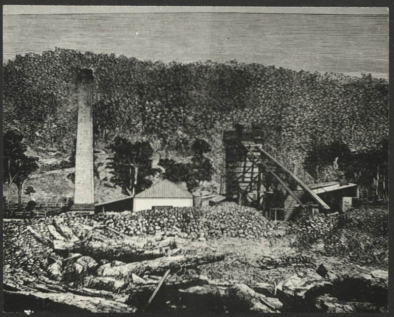Postcard illustration of a mine site with poppet head and steam engine ...