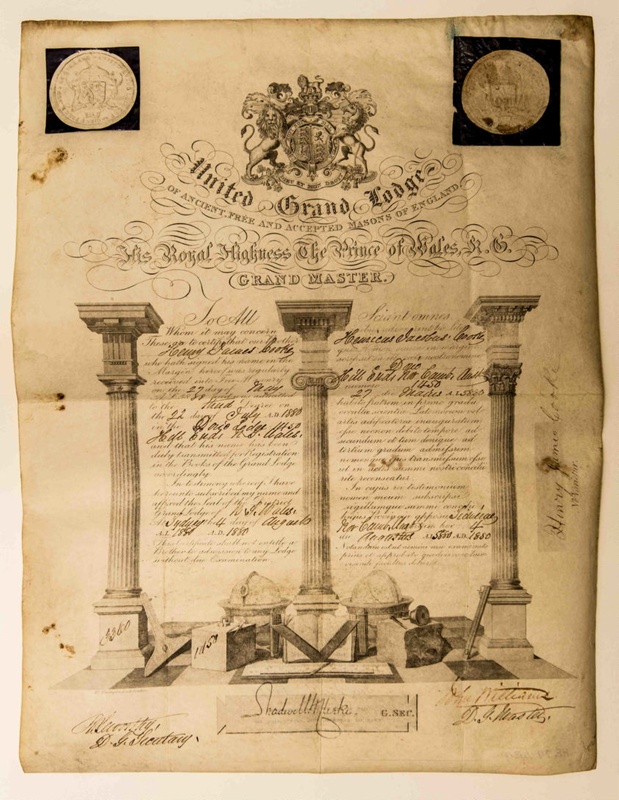 Certificate, Mason's inaugural; Warrington B; pre 1880; 79.439 | eHive