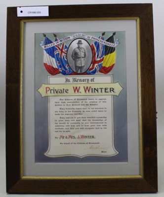 Tribute certificate In Memory of Private W Winter, World War 1; Unknown; Unknown, possibly post-war; CR1980.055