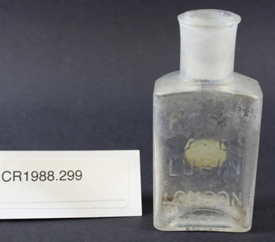Clear glass bottle "Piesse and Lublin, London"; Unknown; Unknown; CR1988.299