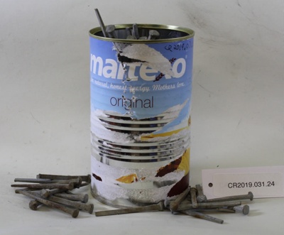 Tin of square nails; Unknown; Unknown; CR2019.031.24