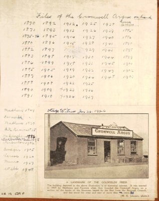 List of Files and photograph of the Cromwell Argus building in 1869 image item