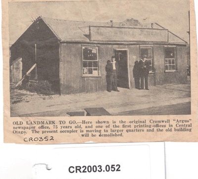 Newspaper cutting about Cromwell Argus Newspaper Office.; Unknown; Unknown; CR2003.052