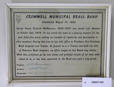 Certificate of Appreciation, Cromwell Municipal Brass Band; Unknown maker; 1974/10/02; CR2017.023