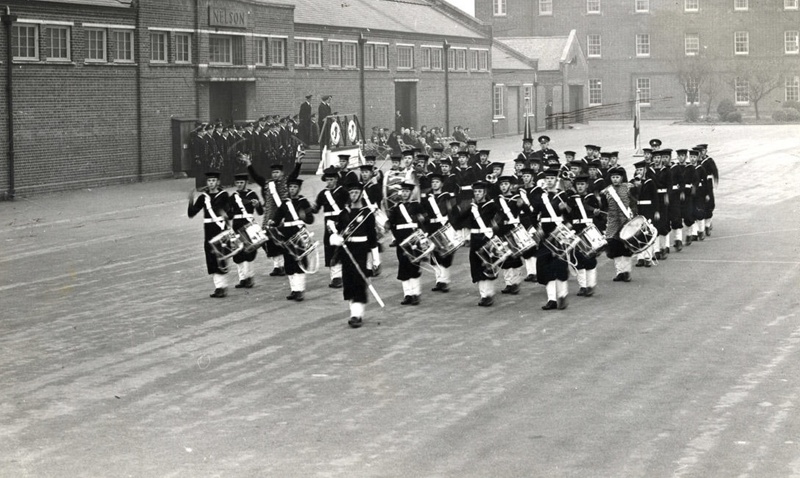 Photograph of HMS Gaanges Bugle Band on the Parade Ground, 1953 ...