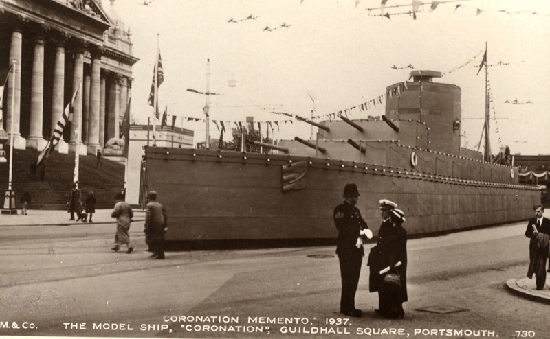 B7421cgt UK 1937 HMS Coronation Model Ship Portsmouth at night vintage postcard