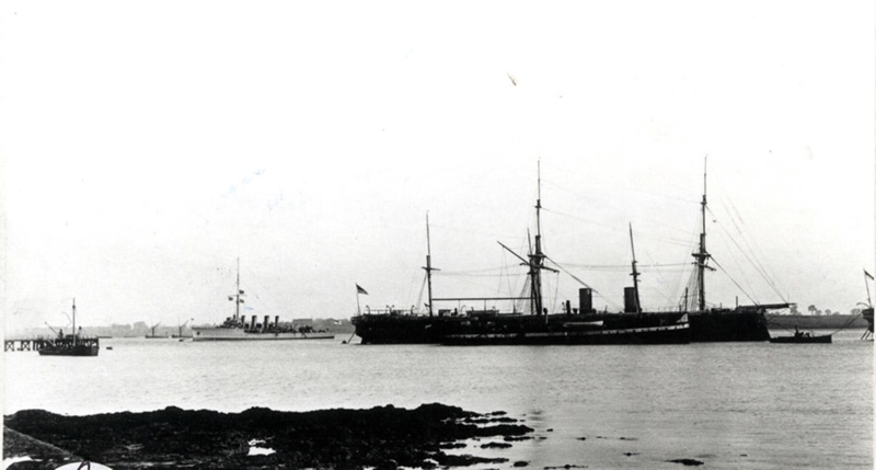 Photograph of HMS Ganges ll off Shotley, with an unknown destroyer in ...