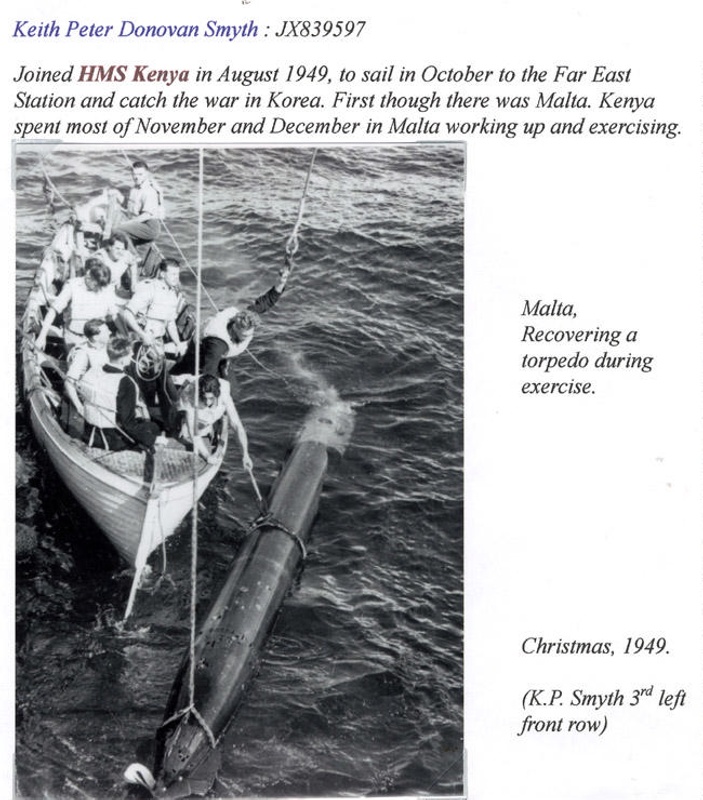 Photograph of ships boat from HMS Kenya recovering a torpedo during