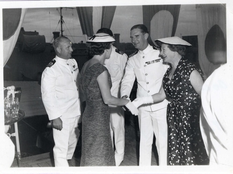 A photograph of Captain and Mrs Pond receiving guests on HMS Ranpura ...