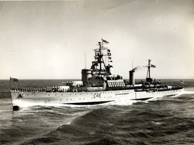 Photograph of HMS Gambia, a cruiser in the north sea in July 1957 ...