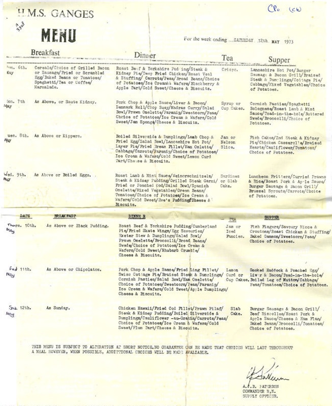 Menu for HMS Ganges for week ending Saturday 12th May 1973; SHHMG:A3308 ...