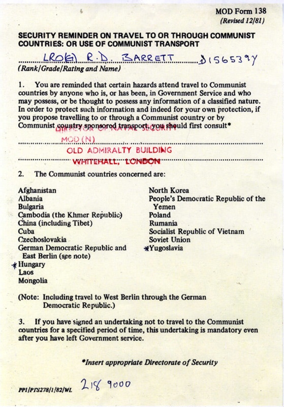 copy of MOD Form 138 issued to Robert Barrett on leaving the Royal Navy ...