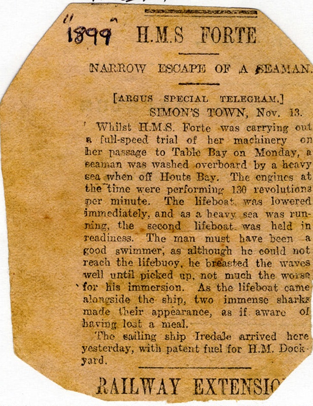 A newscutting telling of a man overboard from HMS Forte on which ...