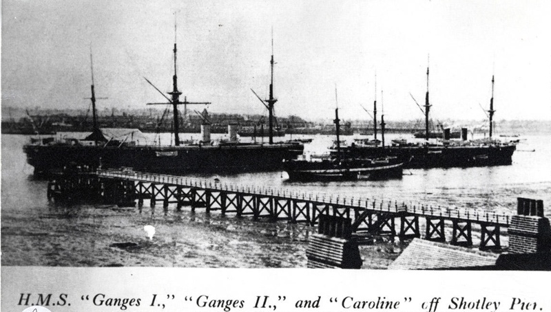 photograph of HMS Ganges I, HMS Ganges II and HMS Caroline moored off ...