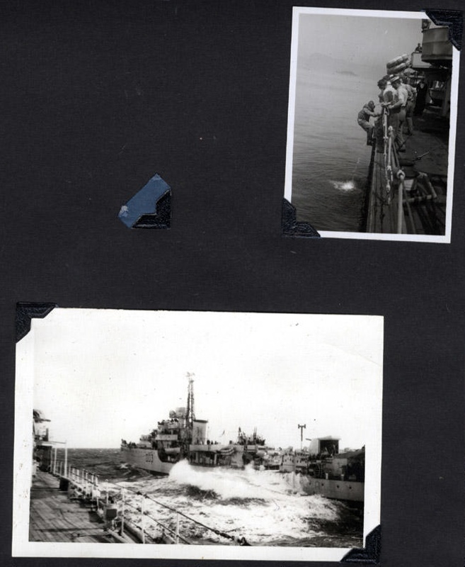 2 photographs of HMS Concord, one replenishing at sea and one of a ...