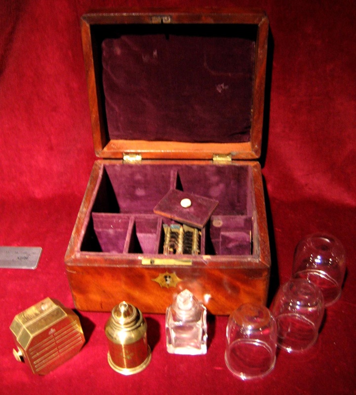 Velvet Lined Wooden Cupping Box Containing: Four Glass Cupping Jars ...