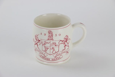 1950 Empire Games souvenir mug; Doris Bird; Ernest (Ernie) Shufflebotham; Crown Lynn Potteries Ltd; David Jenkins; 1950; 00177