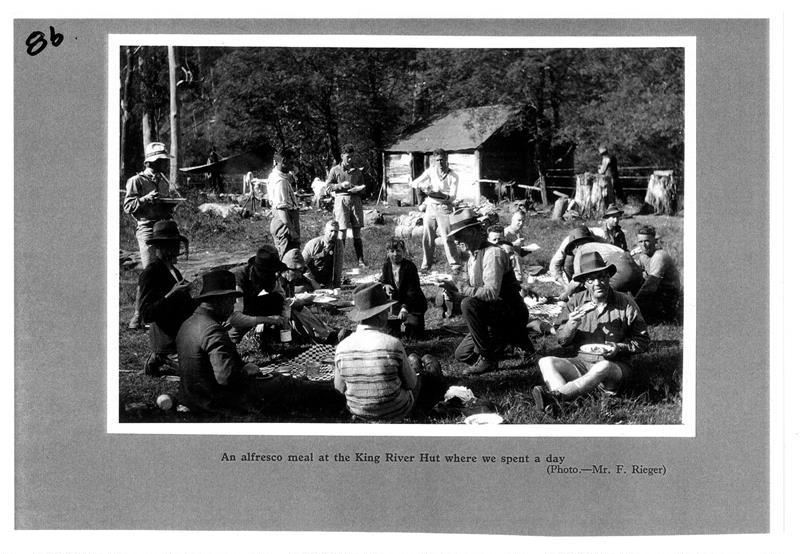 Meal time at King River Hut in 1932 ( F. Rieger, 6th Mt. Mike); Klaus