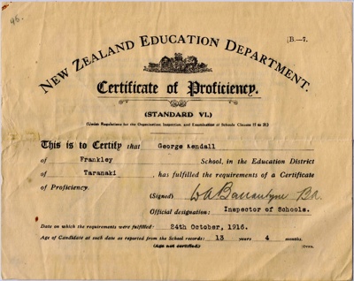 Certificate of Proficiency; New Zealand Education Department; 24th October 1914; ARC2011-230