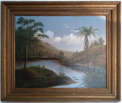 Oil painting, "Mokau River"; Nigel D. Connell; 2018.016