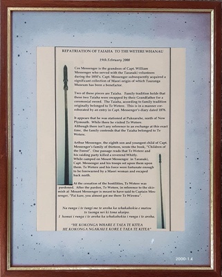 Information of the Taiaha belonging to Hone Te Rerenga Wetere.; 2000-1.4