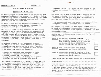Newsletter, No 2, Foreman Family Reunion, receipt attached, 1989.; 1989; K2001/39/6b/12