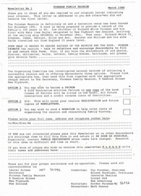 Newsletter, No 1, Foreman Family Reunion, with envelope; 1989; K2001/39/6b/10b