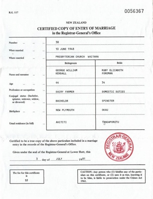 Certificate,  ENTRY OF MARRIAGEGeorge Kendall & Ruby Foreman; Registrar-General's Office; 1948; K2001/39/6/9 