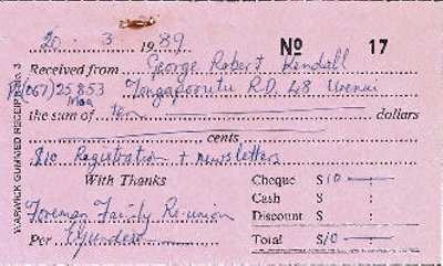 Newsletter, No 2, Foreman Family Reunion, receipt attached, 1989.; 1989; K2001/39/6b/12