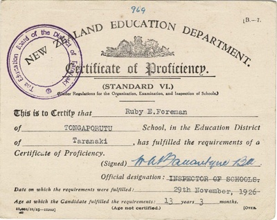 New Zealand Education DepartmentCertificate of Proficiency(Standard V1); 1926; 2003/97.25 