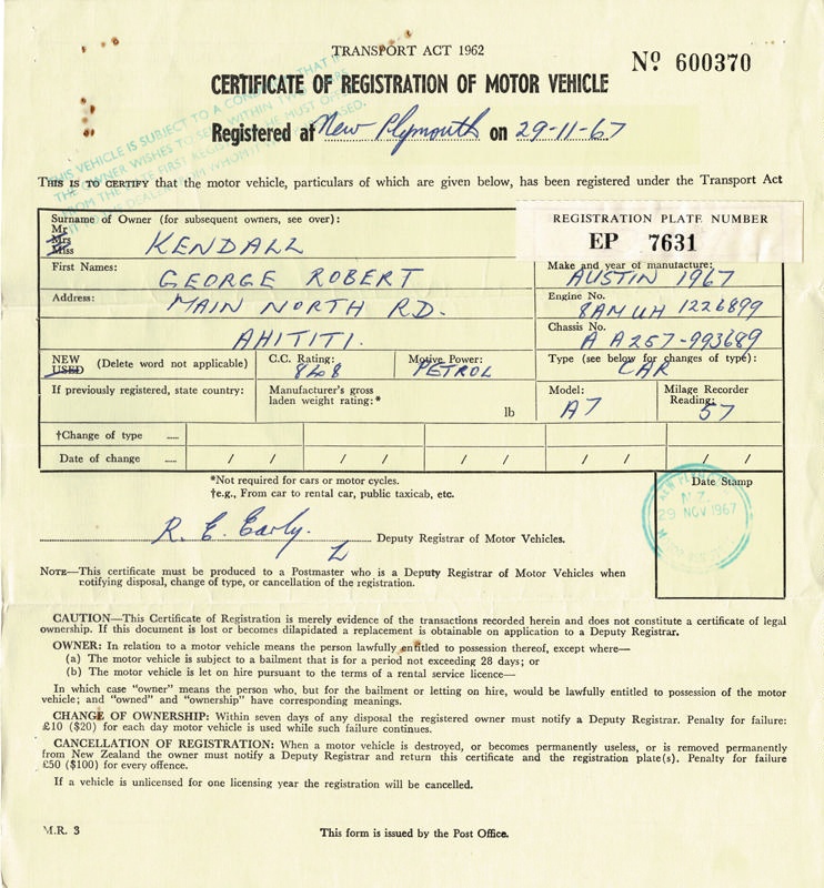 Certificate Certificate Of Registration For Motor Vehicle Austin A7 1967 K20 Ehive 8670