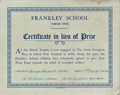 Certificate, Certificate in lieu of Prize, Frankley School, 'Xmas, 1915
; 1915; K2003.97.30