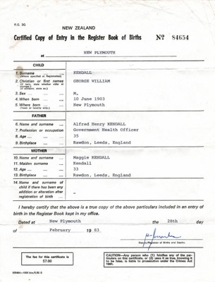 Certificate, Entry in the Register Book of BirthsGeorge William Kendall; Registrar-General's Office; 1983; K2001/39/6/1 