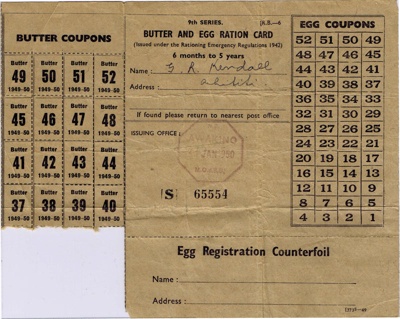 Butter and Egg Ration Card; 1950; ARC2011-229