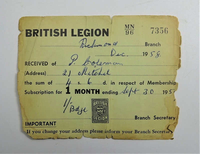 British Legion membership card; The Royal British Legion Press; 1958 ...