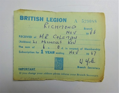 British Legion membership card; The Royal British Legion Press; 1966 ...